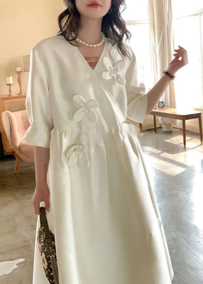White V Neck Lace Up Cotton Long Dress Summer