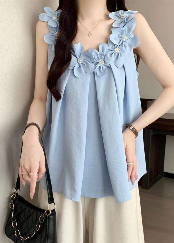 Blue Decorated Cotton Tanks Oversized Sleeveless