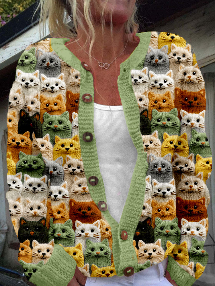 Comstylish Colorful Cute Cats Embroidered Cozy Knit Cardigan