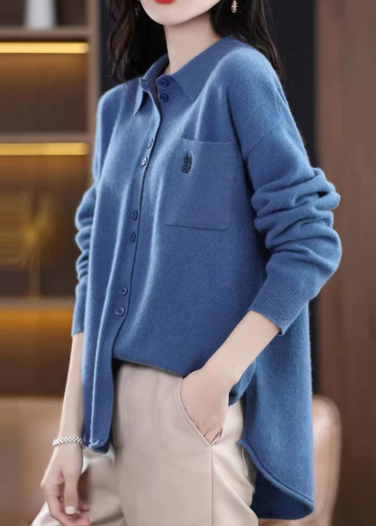 Rose Peter Pan Collar Button Patchwork Woolen Knitted Tops Fall