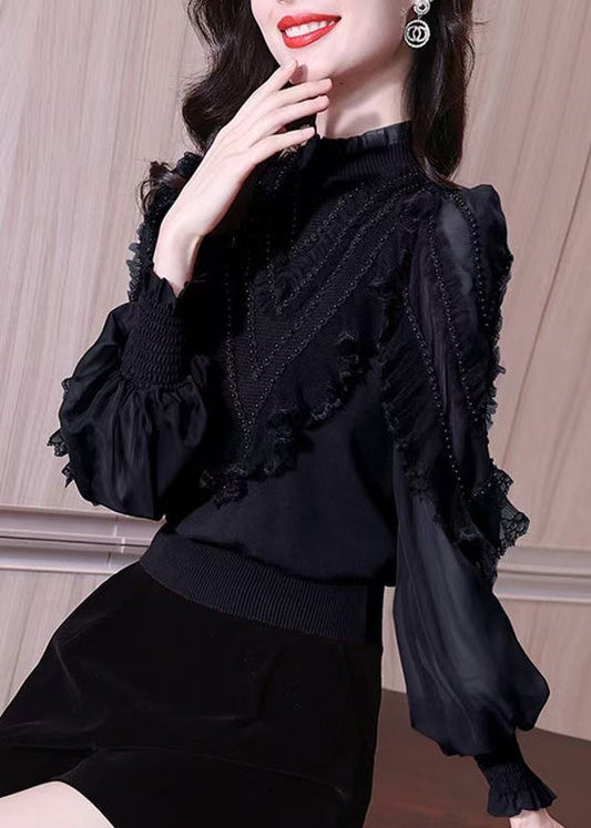 Stylish Black Ruffled Nail Bead Chiffon Blouses Lantern Sleeve Spring