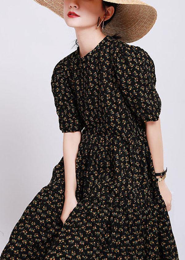 Black Print O-neck Circle Summer Party Dresses Half Sleeve