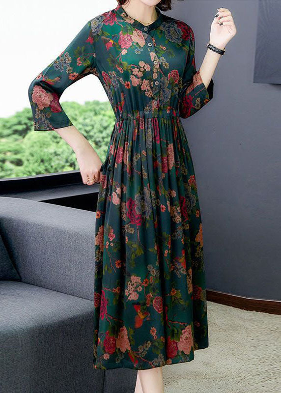 Green Cinched Print Silk Dresses Bracelet Sleeve
