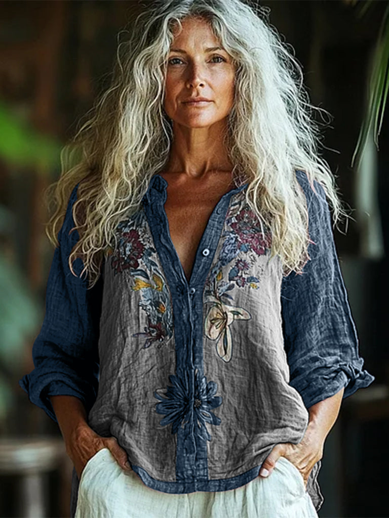 Bohemian Style Linen Floral Art Print  Long Sleeve Shirt artswardrobe