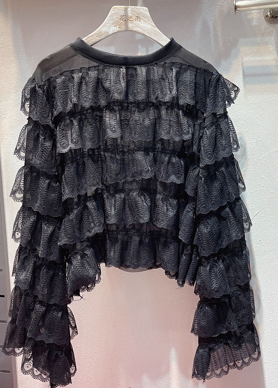 Diy Black O Neck Ruffled Layered Patchwork Lace Blouses Long Sleeve