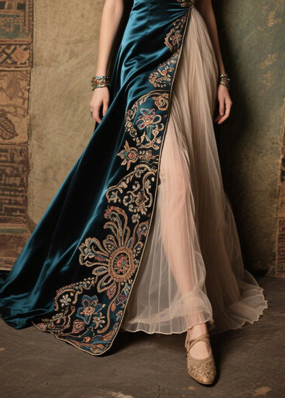 Peacock Blue Jacquard Tulle Patchwork Silk Dress Summer
