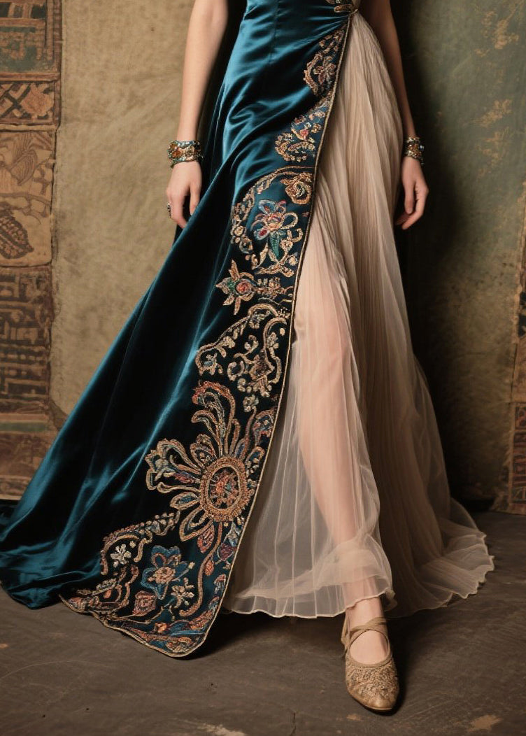 Peacock Blue Jacquard Tulle Patchwork Silk Dress Summer