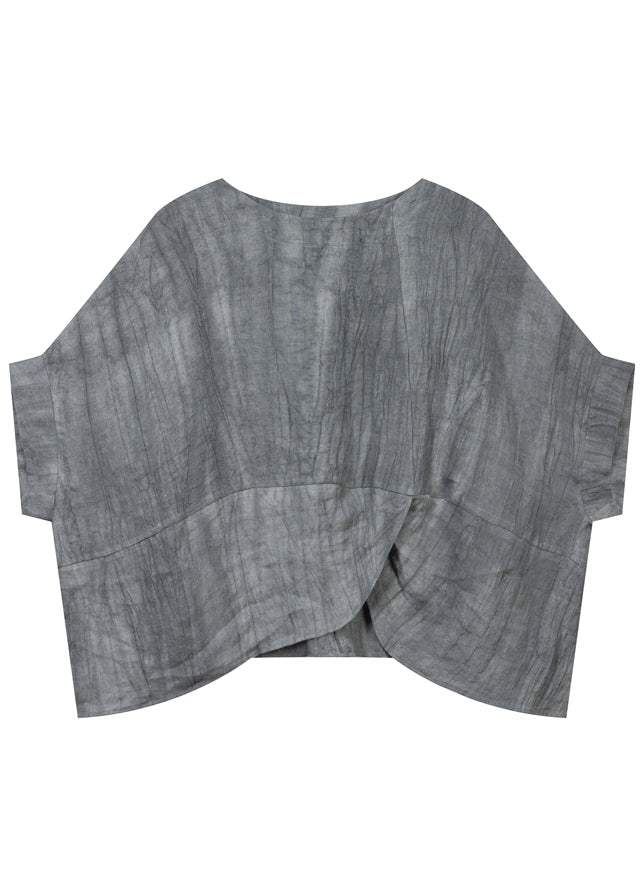 Classy Grey Asymmetrical Wrinkled Linen Two Piece Set Short Sleeve