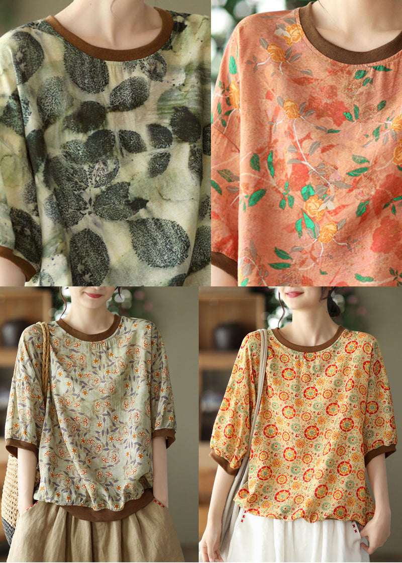 Green O Neck Print Patchwork Linen T Shirt Tops Summer