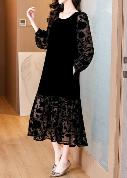 French Black O Neck Pockets Silk Velour Long Dress Spring