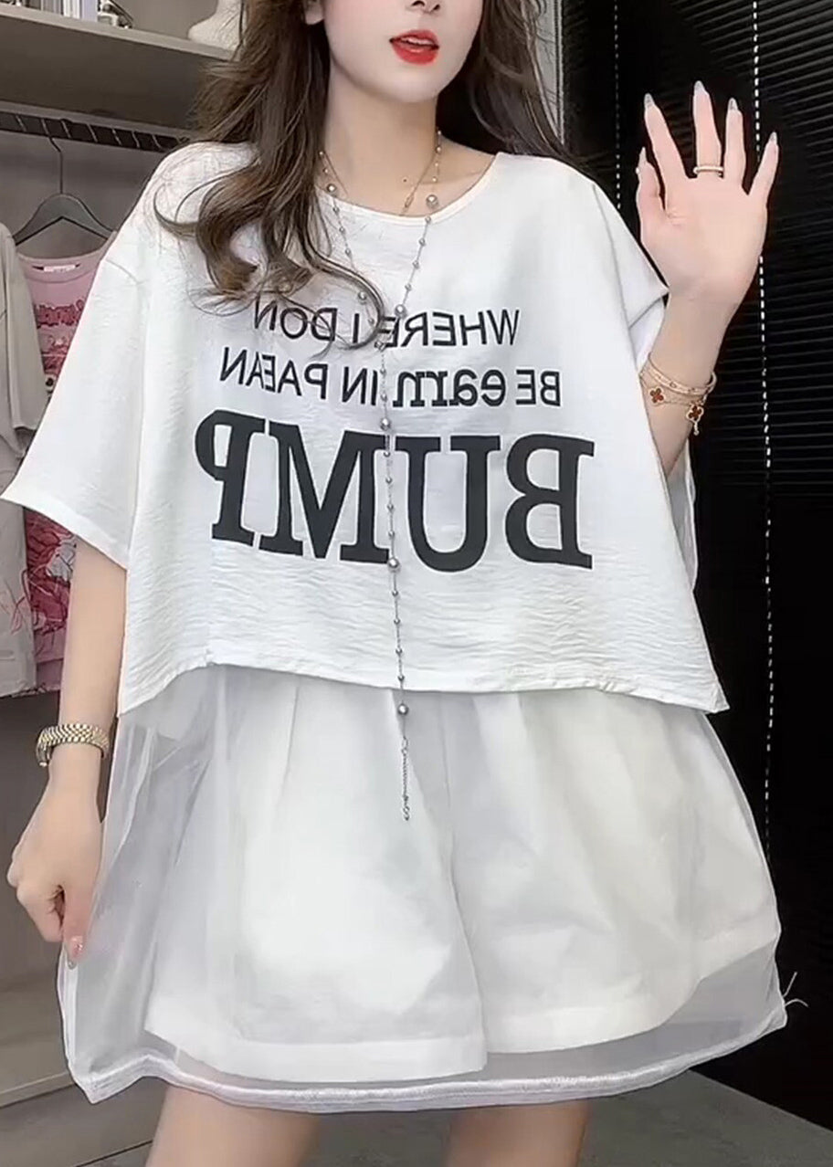 French Pink O-neck Print Organza Patchwork Cotton T Shirt Top Summer