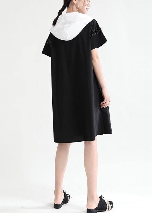 Comfy Black Hooded Design Patchwork Summer Mini Dresses Short Sleeve