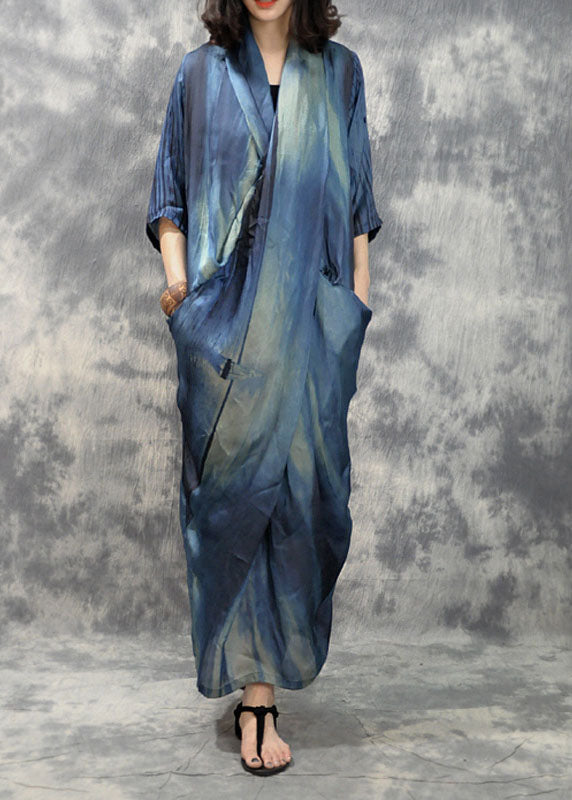 Blue Retro Asymmetrical Design Pockets Fall Maxi Dresses Half Sleeve