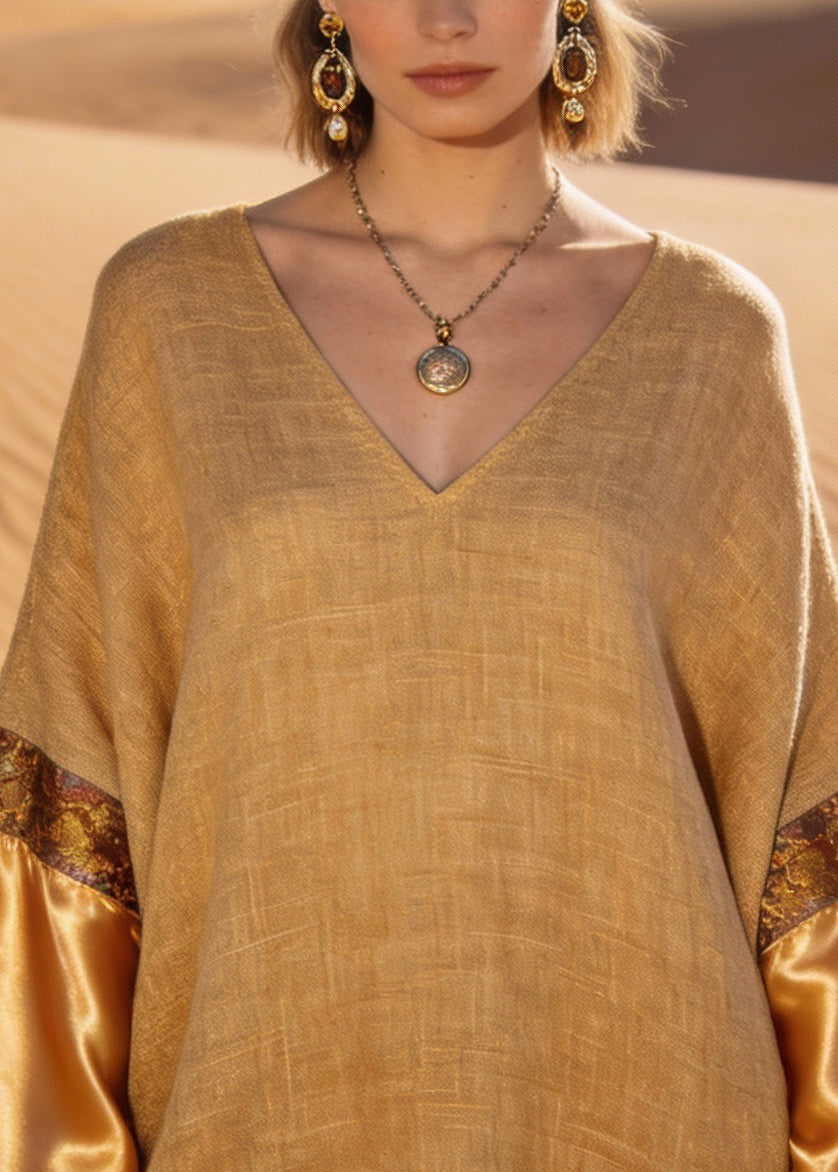 Earth Yellow V Neck Print Silk Patchwork Linen Mini Dresses Spring