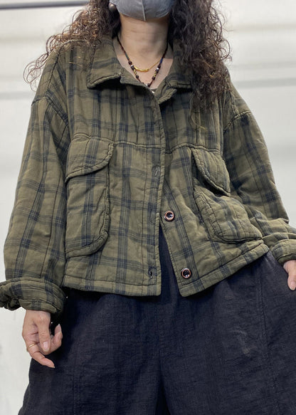 Green Plaid Button Patchwork Cotton Filled Coat Long Sleeve Fall