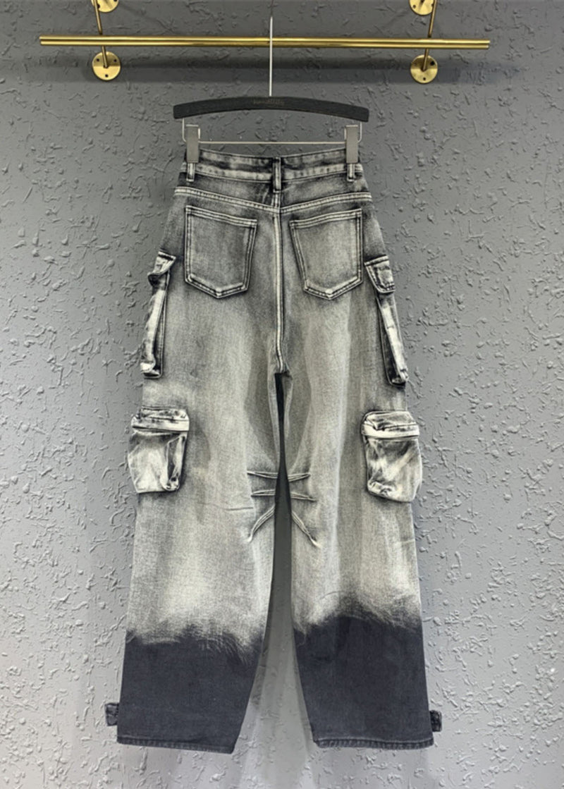 Gradient Color Grey Pockets Patchwork Straight Jeans Spring