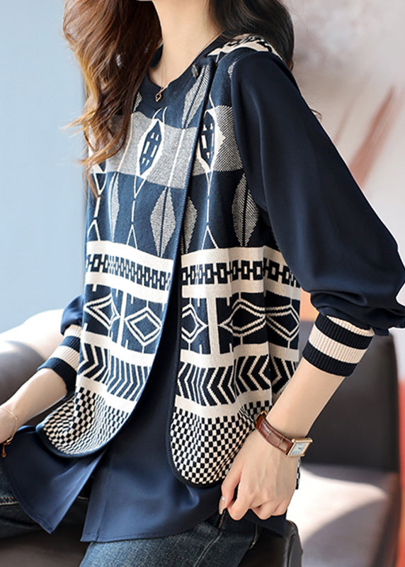 Blue O Neck False Two Pieces Patchwork Knit Top Fall