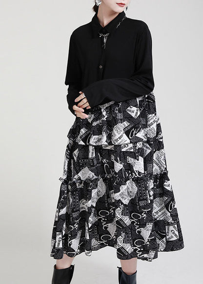 Black Peterpan Collar Patchwork Asymmetrical Design Ruffled Fall Dress Long Sleeve
