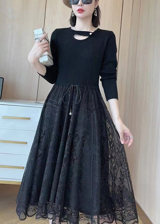 Khaki Tie Waist Lace Patchwork Dresses Spring