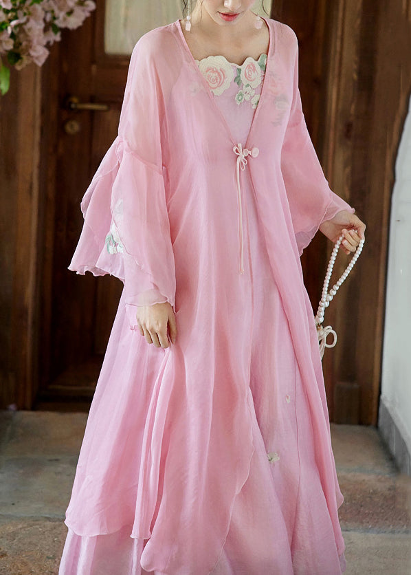 Pink Embroidered Cardigan and Spaghetti Strap Dress Silk Two Pieces Set Flare Sleeve
