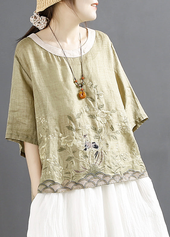 Green Low High Design Linen Shirts Embroideried Summer