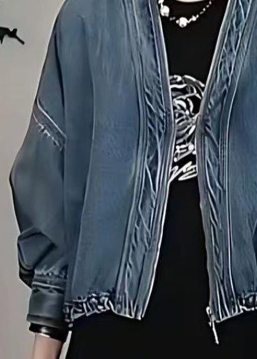 Blue V Neck Zip Up Patchwork Denim Jacket Fall