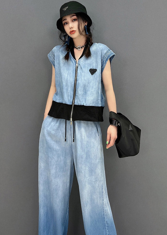Blue Up V Neck Zip Coats and Long Pants Two Piece Set Summer
