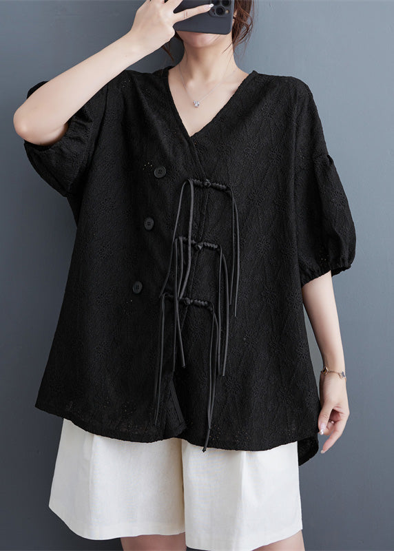 Black Low High Design Button Lace Top Short Sleeve