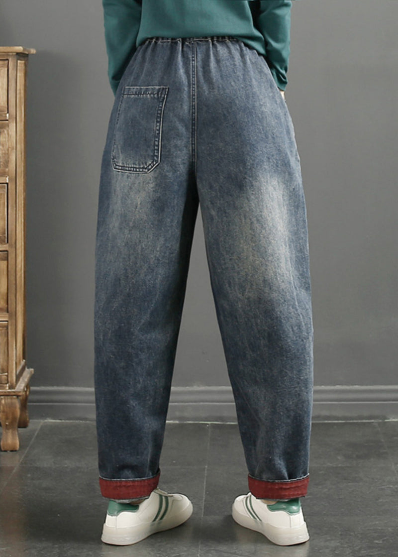Navy Embroideried Patchwork Denim Pants Spring