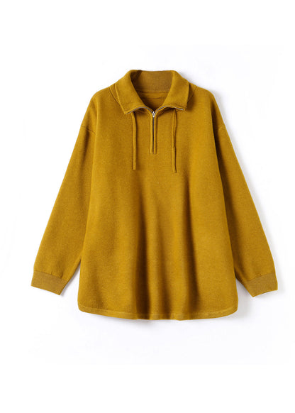 Yellow Zip Up Patchwork Knit Sweatshirt Top Fall
