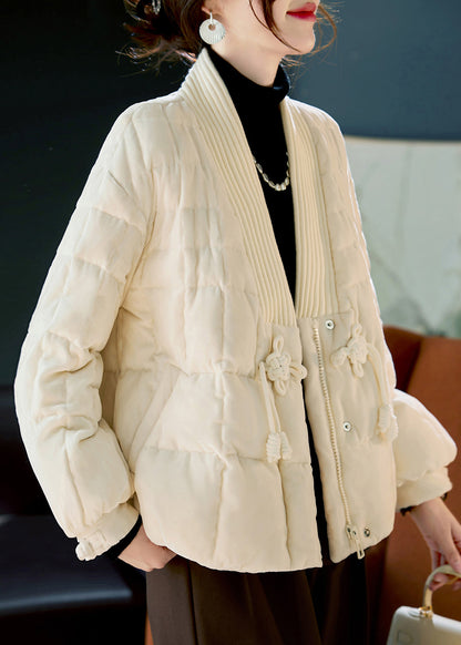White V Neck Chinese Button Duck Down Puffers Jackets Winter