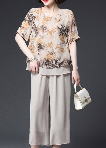 Apricot O-neck Print Layered Design Chiffon Tanks and Wide Leg Pants Two Pieces Set Summer