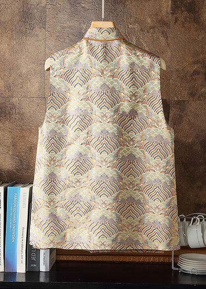 Yellow Stand Collar Embroideried Side Open Silk Vest Sleeveless