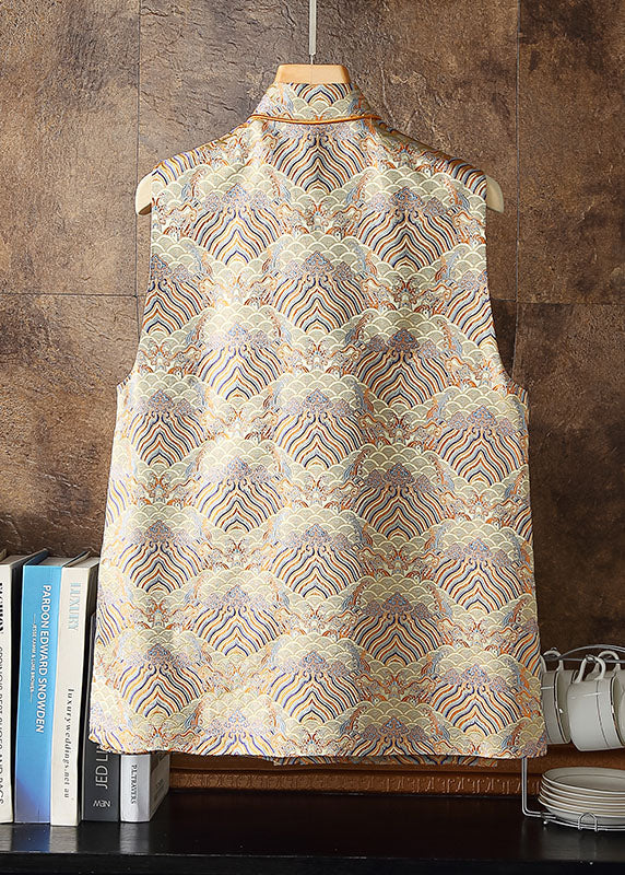 Yellow Stand Collar Embroideried Side Open Silk Vest Sleeveless