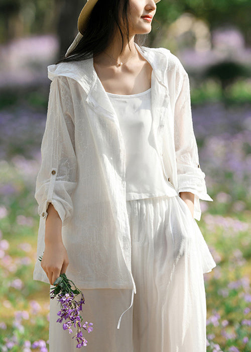White Hooded Button Patchwork Cotton Coats Long Sleeve