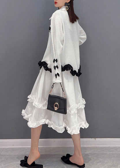 White Embroideried Ruffled Tulle Patchwork Chiffon Dress Two Pieces Set Spring