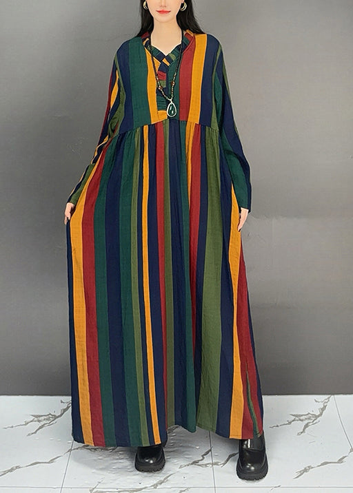V Neck Ruffled Striped Cotton Long Dresses Fall
