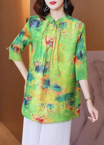 Green Stand Collar Print Tassel Shirt Bracelet Sleeve