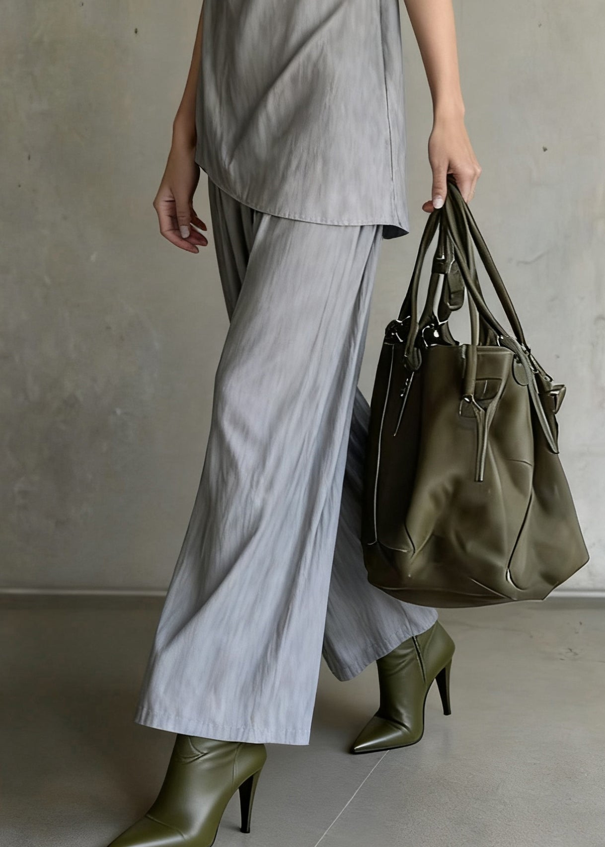 Original Design Grey Tops and Wide Leg Pants Cotton Two Pieces Set Sleeveless