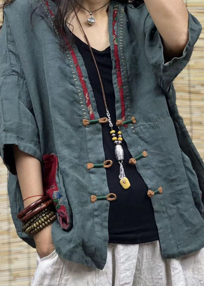 Black V Neck Pockets Chinese Button Patchwork Linen Coats Summer