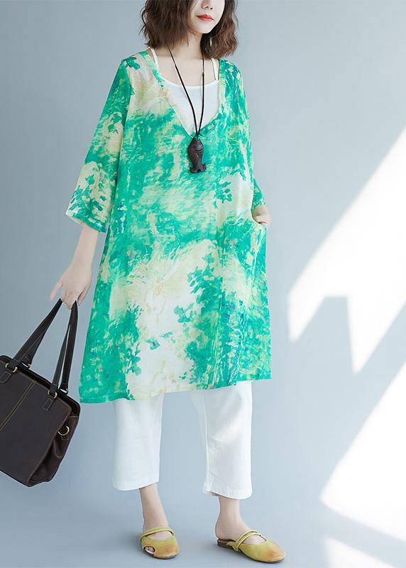 Organic Green Print Shirts V Neck Pockets Blouses