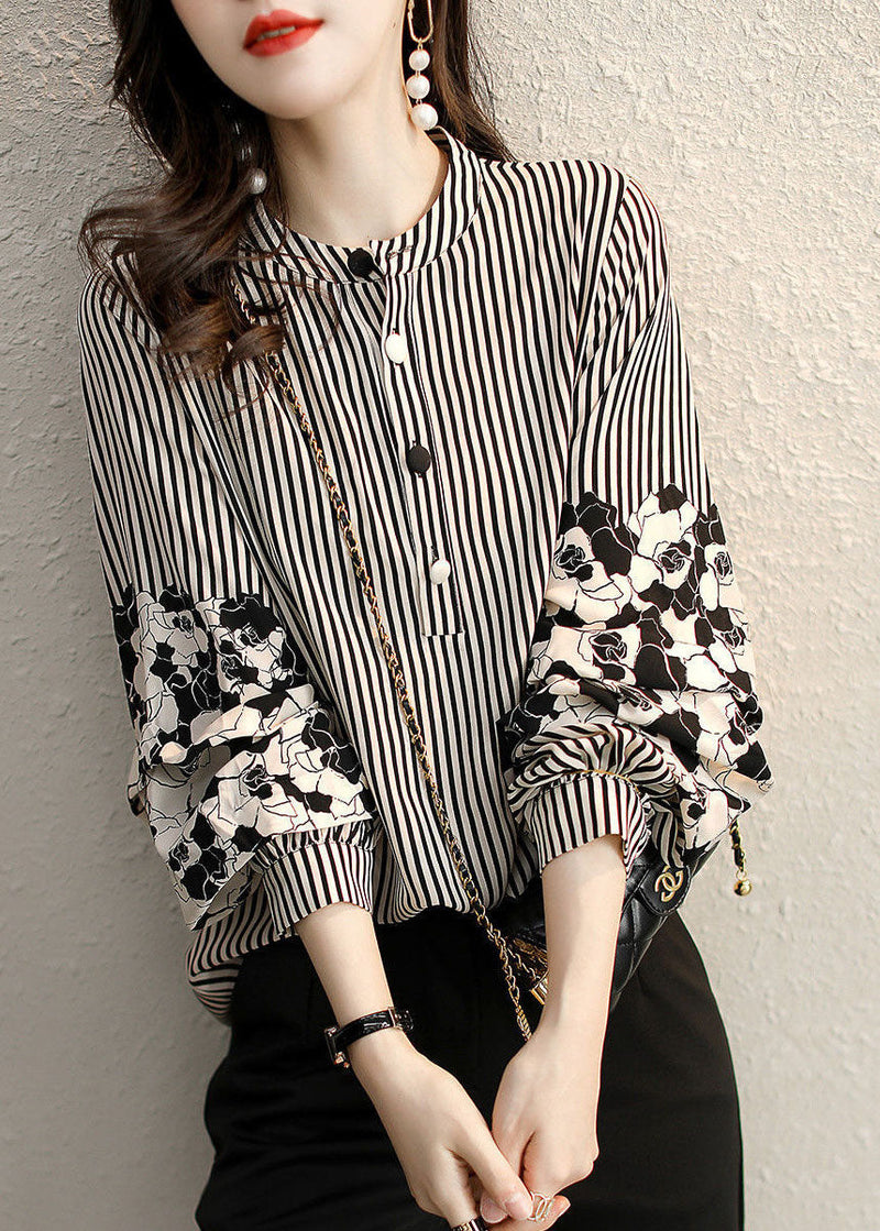 Handmade Black Striped Stand Collar Patchwork Print Chiffon Shirt Long Sleeve Fall