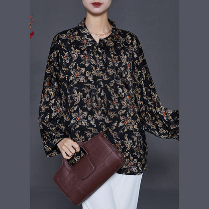Black Print Chiffon Blouses Peter Pan Collar Summer