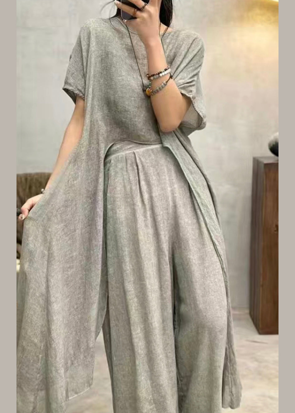 Art Grey Asymmetrical Patchwork Cotton Top Short Sleeve
