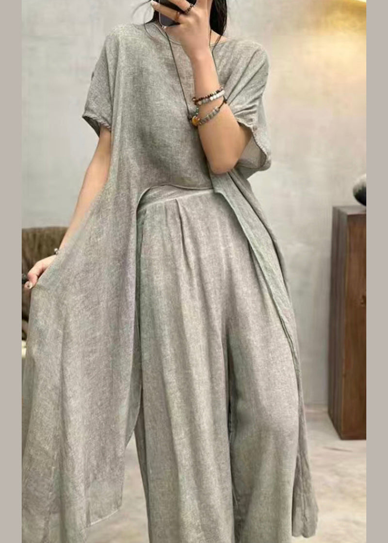 Art Grey Asymmetrical Patchwork Cotton Top Short Sleeve