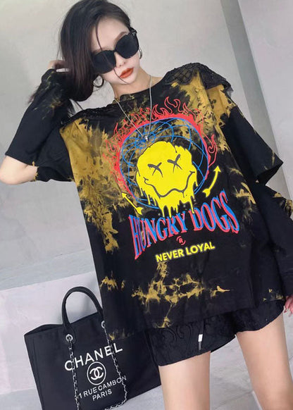Black Print Patchwork Tie Dye Sequins Fall Sweatshirt