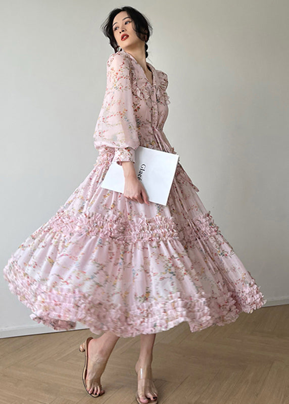 Pink Peter Pan Collar Print Chiffon Dresses Long Sleeve