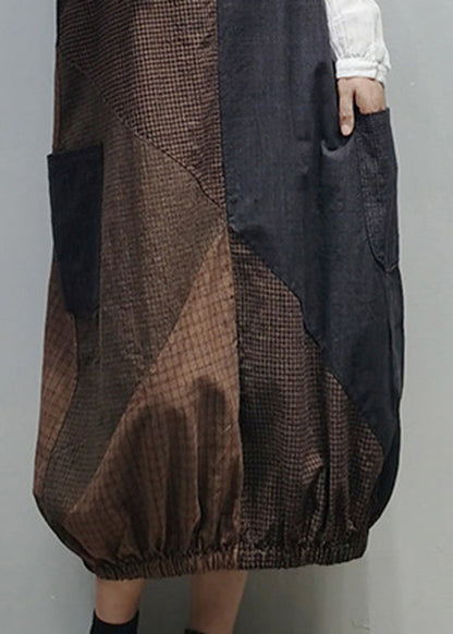 Style Colorblock Pockets Patchwork Plaid Cotton Strap Dress Summer