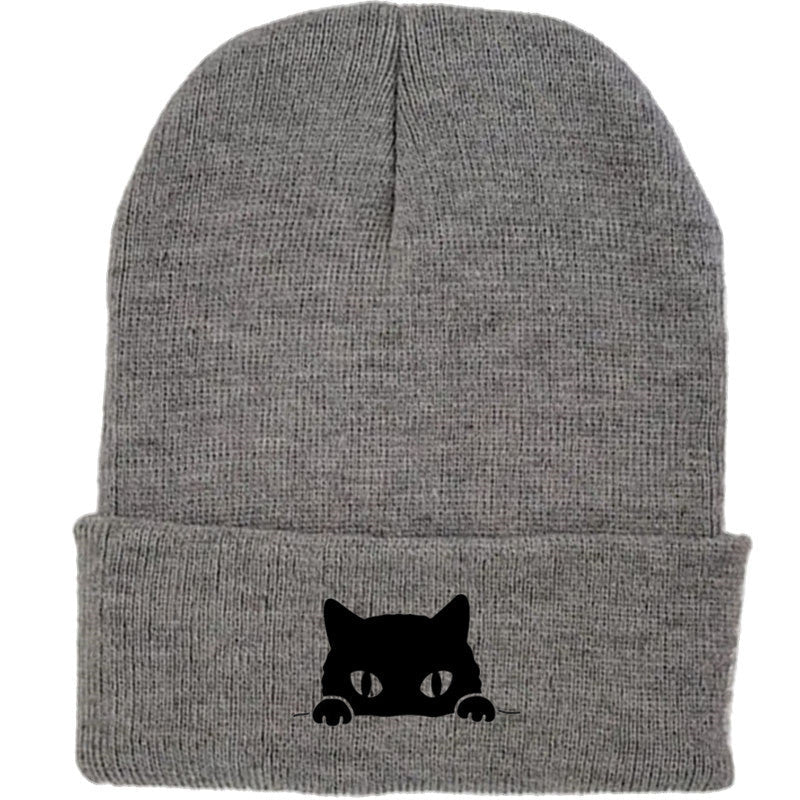 Comstylish Unisex Cartoon Black Cat Print Coldproof Knitted Hat