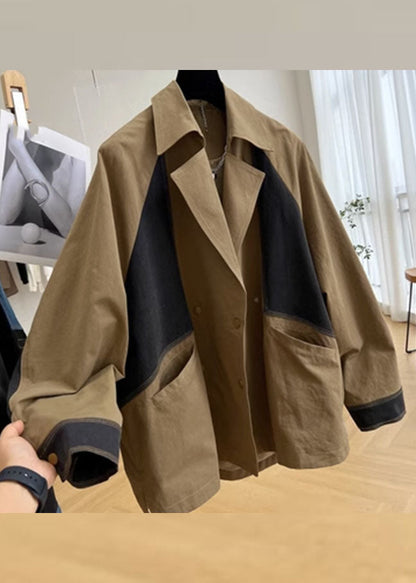 Khaki Notched Pockets Patchwork Button Coat Long Sleeve Spring